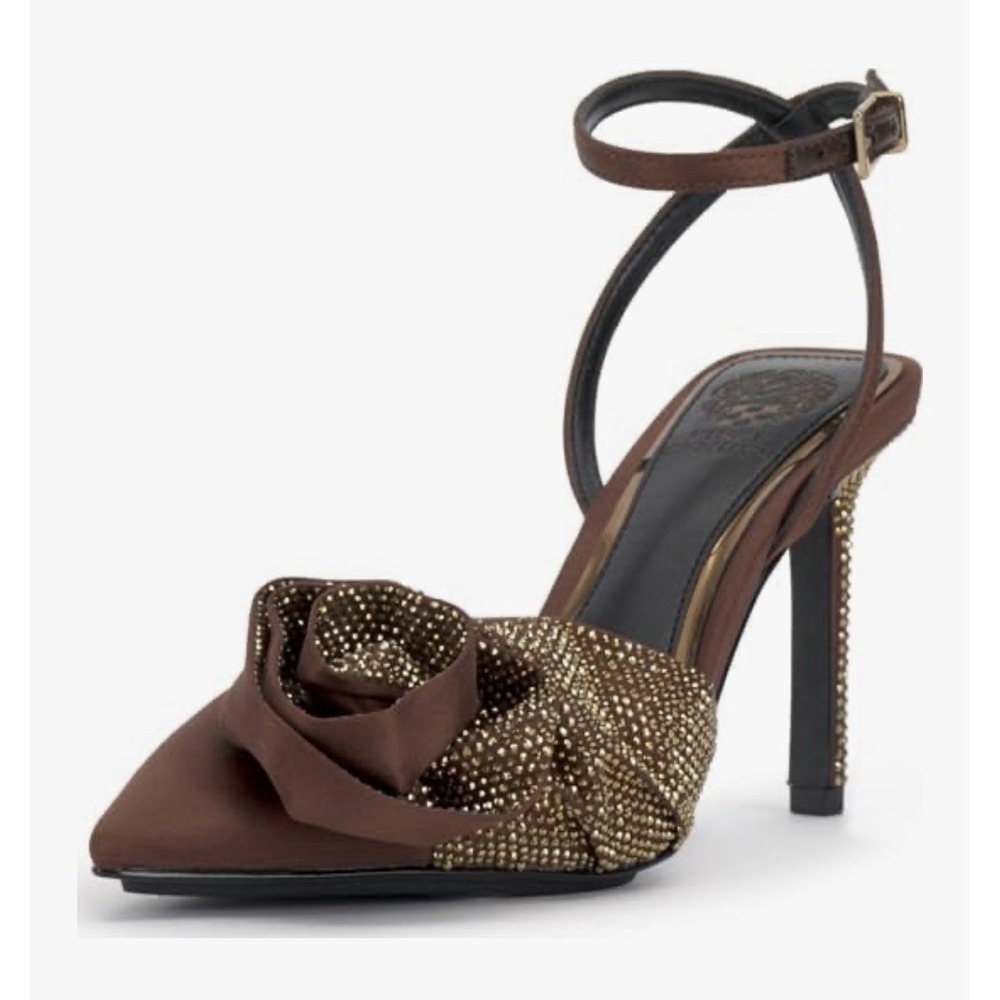 NWOB Vince Camuto Floral Satin Rhinestone Bonita Pump Chocolate‎ Size 6M